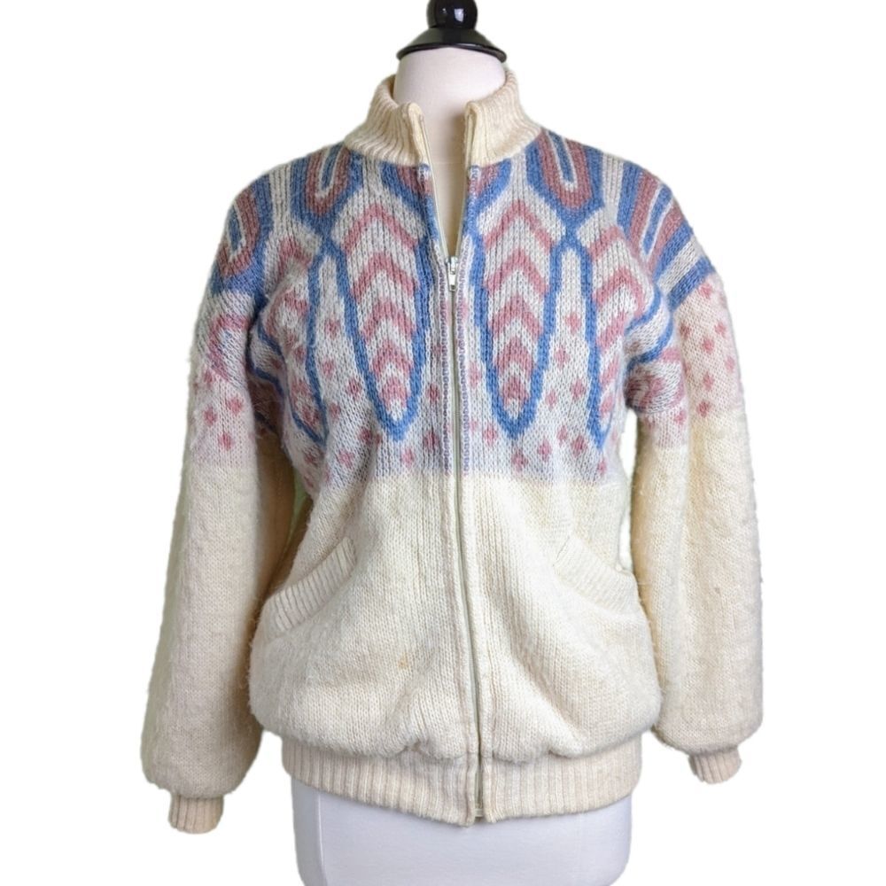 Vintage Iceware Wool Full Zip Sweater Cream Pink Blue Size Small